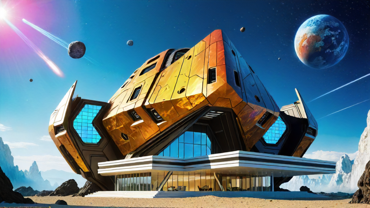 building, masseffect, designed by Bonnie Zacherle, architecture of a Masterpiece (Asteroid:1.3) , made from Hickory, with zalij ornaments, fauna, Kodak Ektar, science fiction, modern, robotic, ultrasharp, delicate, magical composition, highly color focused, enchanted, dynamic dramatic composition, ambient atmosphere, luxury, rich vivid colors