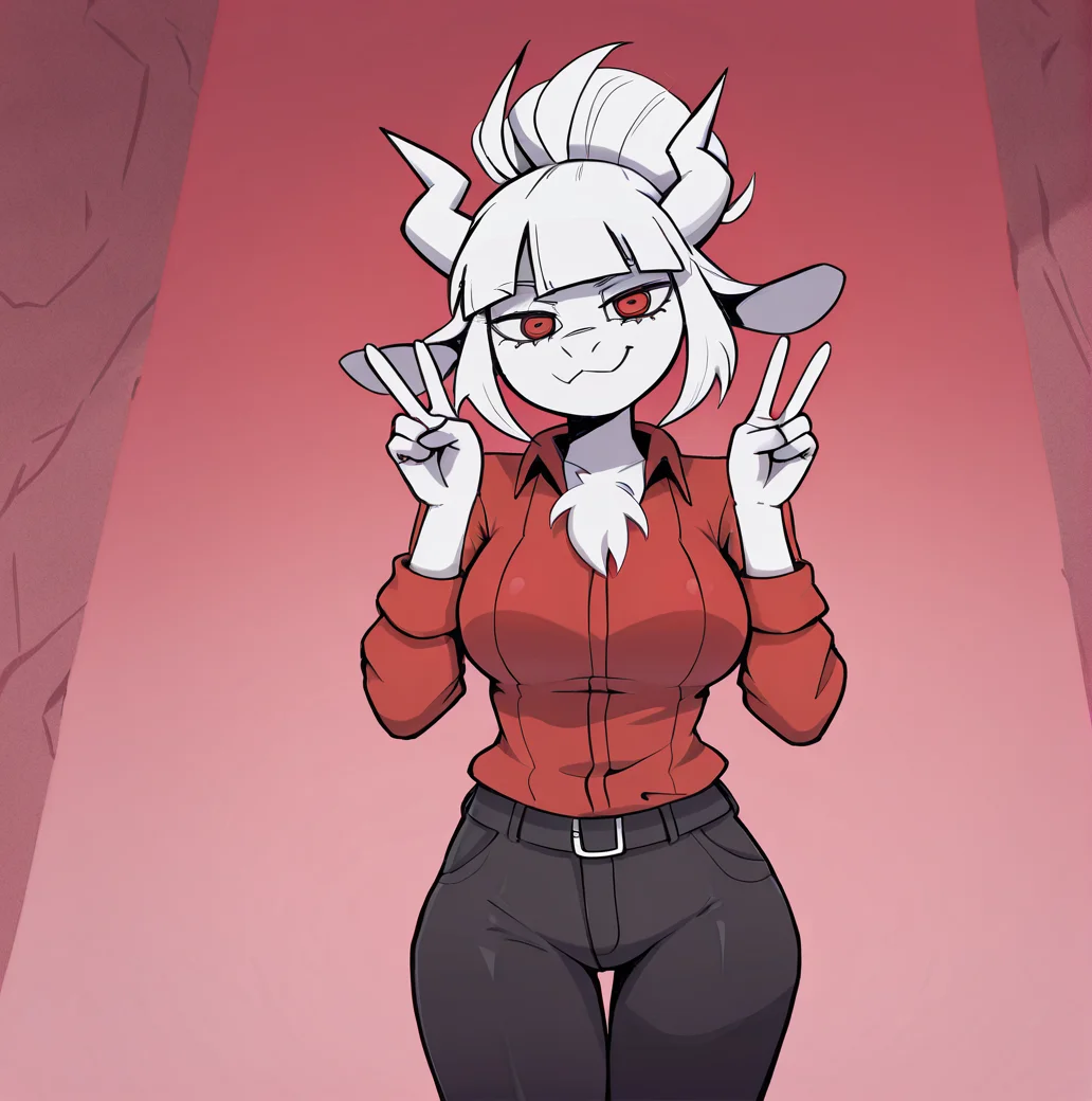 (masterpiece), (best quality), (ultra-detailed), amazing quality, very aesthetic, illustration, perfect composition, intricate details, absurdres, incredibly absurdres,, double v, smile, goatlucifer, white fur, body fur, red shirt, long sleeves, black pants, collared shirt, red eyes, breasts, goat girl, <lora:fdfsad:1>, lucifer \(helltaker\)