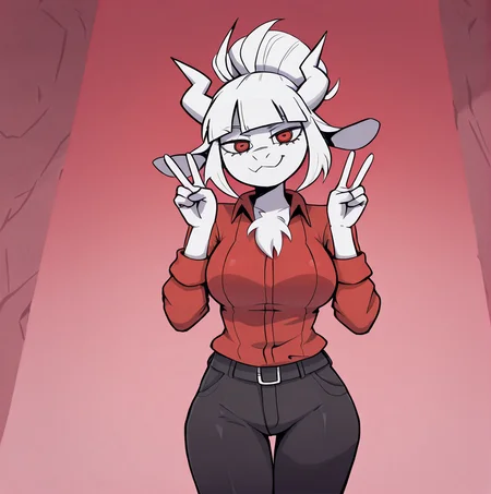 (masterpiece), (best quality), (ultra-detailed), amazing quality, very aesthetic, illustration, perfect composition, intricate details, absurdres, incredibly absurdres,, double v, smile, goatlucifer, white fur, body fur, red shirt, long sleeves, black pants, collared shirt, red eyes, breasts, goat girl, <lora:fdfsad:1>, lucifer \(helltaker\)