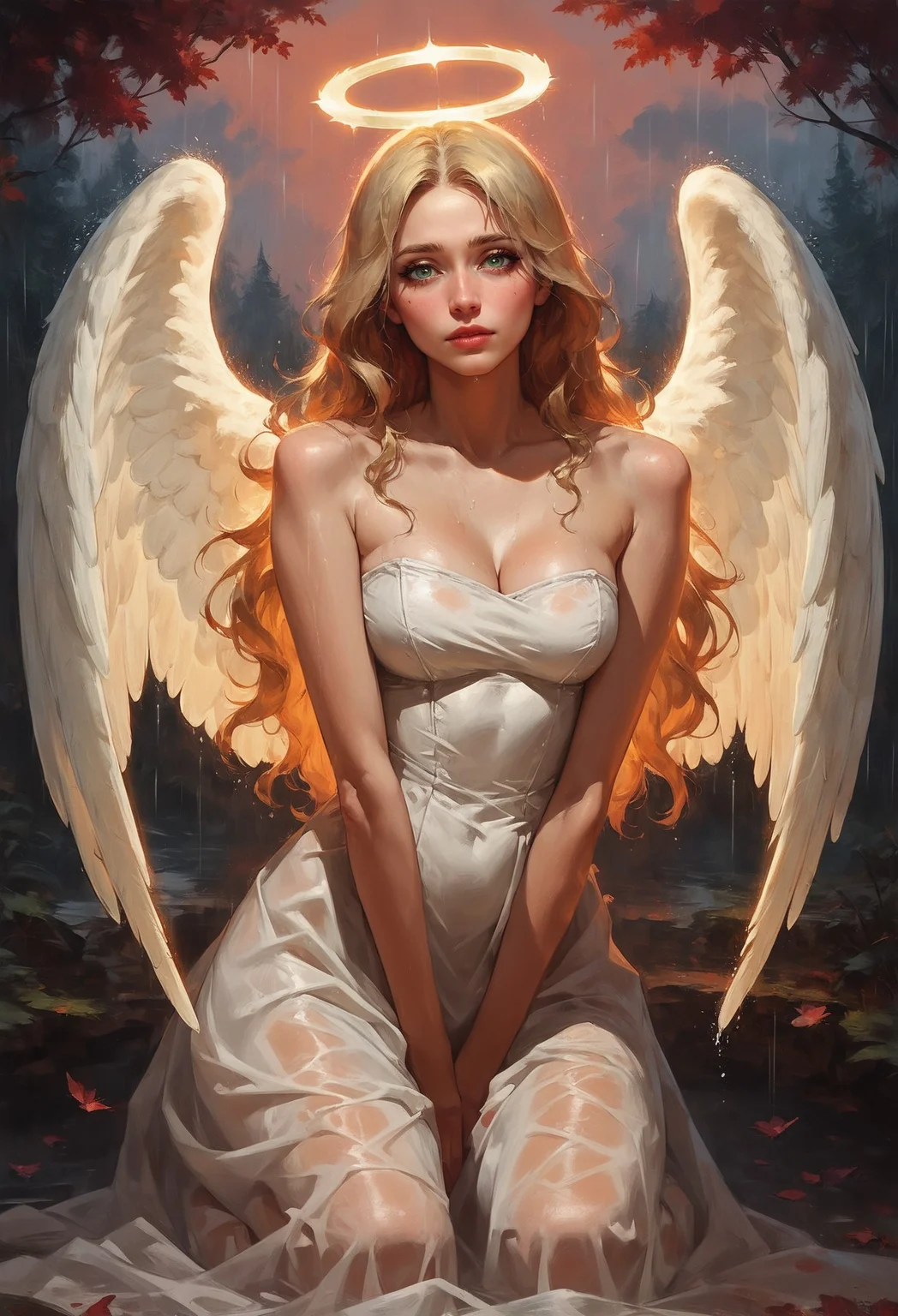 score_9, score_8_up, score_7_up, 1girl angel with 2 large angel wings and a halo, perfect curves, wearing a white dress, strapless, suggestive pose, romantic, solo, detailed eyes, looking at viewer, kneeling, forest, nature, forest meadow, beautiful, looking at viewer, green eyes, begging, medium breasts, fantasy, from front, rain, romantic, sunset, (blonde hair, mid parted hair, straight hair, long hair:1.2), pronounced blush, d4rk01l <lora:sdxl\Concept Art Twilight Style SDXL_LoRA_Pony Diffusion V6 XL:0.8> <lora:sdxl\vixon_pony_oil:0.7>