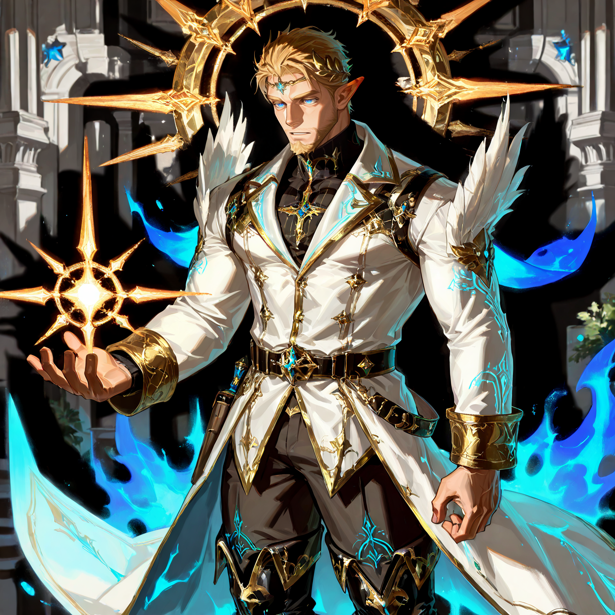 <lora:Nasario__Alchemist_Code-000003:.7>, tagatamenasario, 1boy, elf, blonde, middle hair, blue eyes, gold hair ornament, hair accessory, solo, male focus, manly, mature male, bara, muscle body, coat, shirt, turtleneck, long sleeves, gold trim, glowing pattern, pants, full-leg boots,
cowboy shot,
(very short hair, beard, bara, mature, facial hair, stubble, beard, full beard, sideburn, beard, a lot of beard, ), facial hair,male focus, muscular male, muscular male, bara, mature,  bara, mature, aixiwuganda_(20222192), very awa, masterpiece, best quality, absurdres, newest, perfect quality, detailed background, intricate details,
<lora:slider_Body Type_alpha1.0_rank4_noxattn_last:3><lora:Anime Summer Days 2 Style SDXL_LoRA_Pony Diffusion V6 XL:.6><lora:slider_cfg_scale_boost:.7><lora:Artist6p:.55>, Artist6p, Artist04p,<lora:slider_il_brightness_slider_d1:-1><lora:slider_il_contrast_slider_d1:-1><lora:slider_DarkSlider1.2_alpha1.0_rank16_full_300steps:-.6><lora:slider_contract_controller_illus01_v1:.5>,