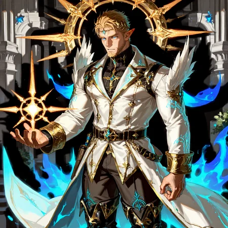 <lora:Nasario__Alchemist_Code-000003:.7>, tagatamenasario, 1boy, elf, blonde, middle hair, blue eyes, gold hair ornament, hair accessory, solo, male focus, manly, mature male, bara, muscle body, coat, shirt, turtleneck, long sleeves, gold trim, glowing pattern, pants, full-leg boots,
cowboy shot,
(very short hair, beard, bara, mature, facial hair, stubble, beard, full beard, sideburn, beard, a lot of beard, ), facial hair,male focus, muscular male, muscular male, bara, mature,  bara, mature, aixiwuganda_(20222192), very awa, masterpiece, best quality, absurdres, newest, perfect quality, detailed background, intricate details,
<lora:slider_Body Type_alpha1.0_rank4_noxattn_last:3><lora:Anime Summer Days 2 Style SDXL_LoRA_Pony Diffusion V6 XL:.6><lora:slider_cfg_scale_boost:.7><lora:Artist6p:.55>, Artist6p, Artist04p,<lora:slider_il_brightness_slider_d1:-1><lora:slider_il_contrast_slider_d1:-1><lora:slider_DarkSlider1.2_alpha1.0_rank16_full_300steps:-.6><lora:slider_contract_controller_illus01_v1:.5>,