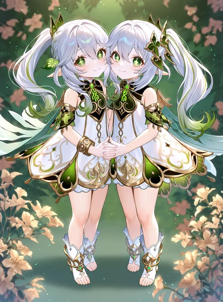 masterpiece, best quality, newest, absurdres, highres, 2girls, symbol-shaped pupils, nahida \(genshin impact\), clone, green background, abstract background, leaf background, floral background, standing, palms together, cheek-to-cheek. looking at viewer, smile,interlocked fingers, full body, <lora:ruheeNAI-XL_Vpred:0.8>