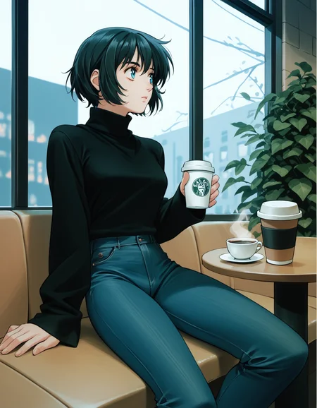 score_9, score_8_up, score_7_up, <lora:peridot-voice-ponyxl-000022:0.8> inazuka, turtleneck, black shirt, untucked, jeans,
1girl, solo, cafe, coffee, looking to the side, wistful, lonely, blue theme, evening