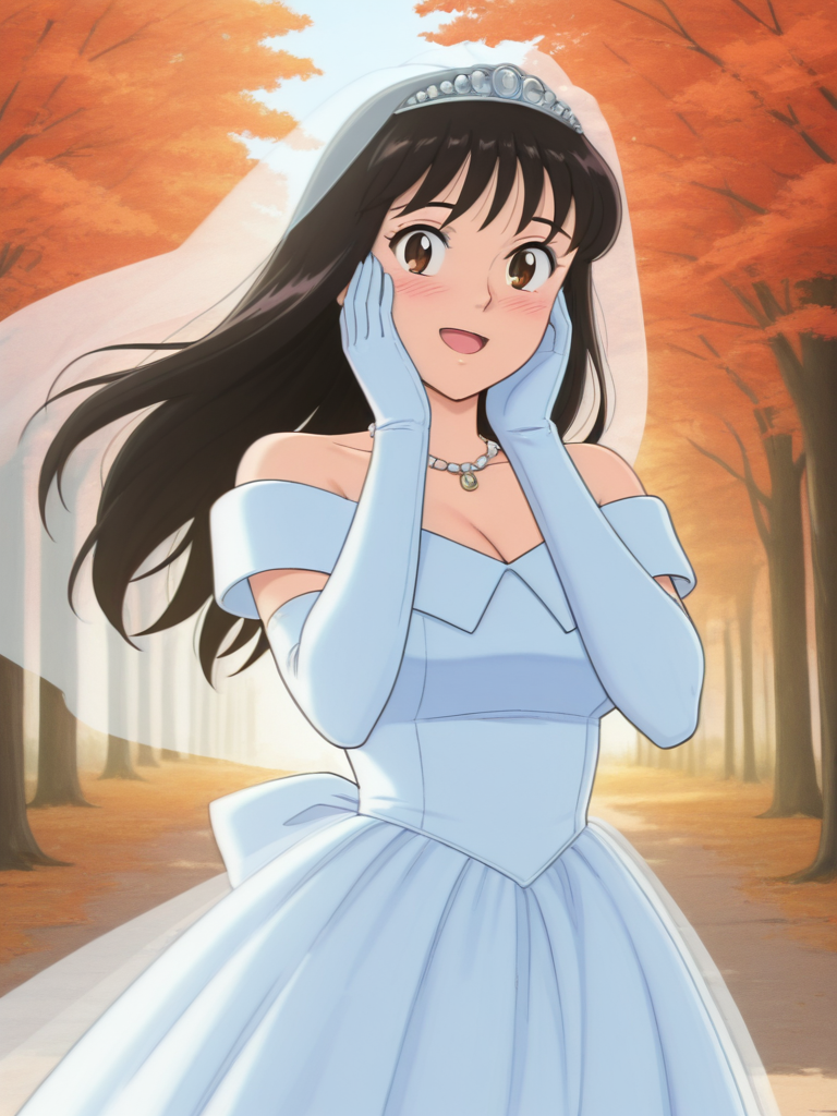 masterpiece, best quality,absurdres, depth, intricate details,newest,anime coloring,

kochikame,Shiori-san,1girl,solo,smile,shy,open mouth,huge breasts,black hair,long hair,brown eyes,blush,cleavage,collarbone,dress,(wedding dress,veil, elbow gloves, necklace, gloves, bride, jewelry),happy,hands on own face, outdoors,autumn, autumn leaves,wind-blown hair,wind,fluttering clothes,

looking at viewer,cowboy shot,dynamic pose,dynamic shot,dutch angle,leaf, leaf background,