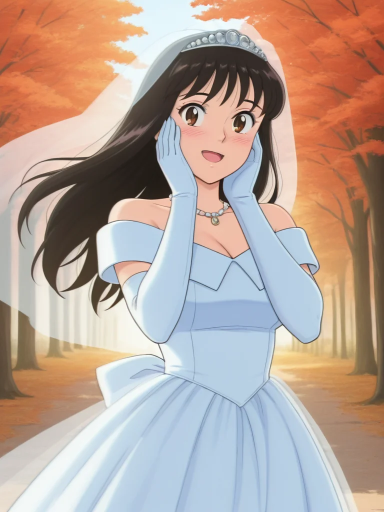masterpiece, best quality,absurdres, depth, intricate details,newest,anime coloring,

kochikame,Shiori-san,1girl,solo,smile,shy,open mouth,huge breasts,black hair,long hair,brown eyes,blush,cleavage,collarbone,dress,(wedding dress,veil, elbow gloves, necklace, gloves, bride, jewelry),happy,hands on own face, outdoors,autumn, autumn leaves,wind-blown hair,wind,fluttering clothes,

looking at viewer,cowboy shot,dynamic pose,dynamic shot,dutch angle,leaf, leaf background,