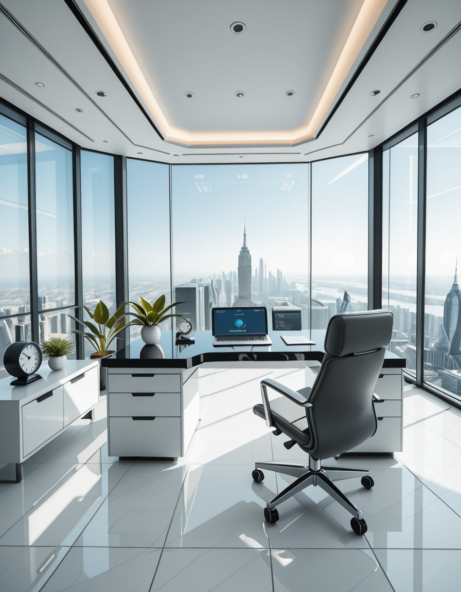 A modern, luxurious executive secretary's office located at the top floor of a futuristic skyscraper. The office has floor-to-ceiling glass walls offering a breathtaking panoramic view of a bustling metropolis under a clear blue sky. Inside, the design is ultra-minimalist and high-tech, with sleek white furniture, a glossy black desk with an integrated digital interface, and an ergonomic designer chair in matte gray leather. There are a few elegant green plants strategically placed for a touch of nature. A thin holographic screen hovers above the desk, displaying schedules and emails. The lighting is bright but soft, coming from recessed LED strips in the ceiling and natural sunlight pouring in. The atmosphere feels calm, professional, and cutting-edge, reflecting the spirit of a powerful tech company. In the background, a subtle artistic sculpture and a minimalist clock complete the decor.
<lora:SDXLFaeTastic2400:0.4> <lora:extremely_detailed:0.4> extremely detailed,secretary 0ff1c3, <lora:secretary_0ff1c3_r1-i:1>, Masterpiece,best quality,hi res,8k,hi res,8k,award winning,(sharp focus, intricate, highly detailed),