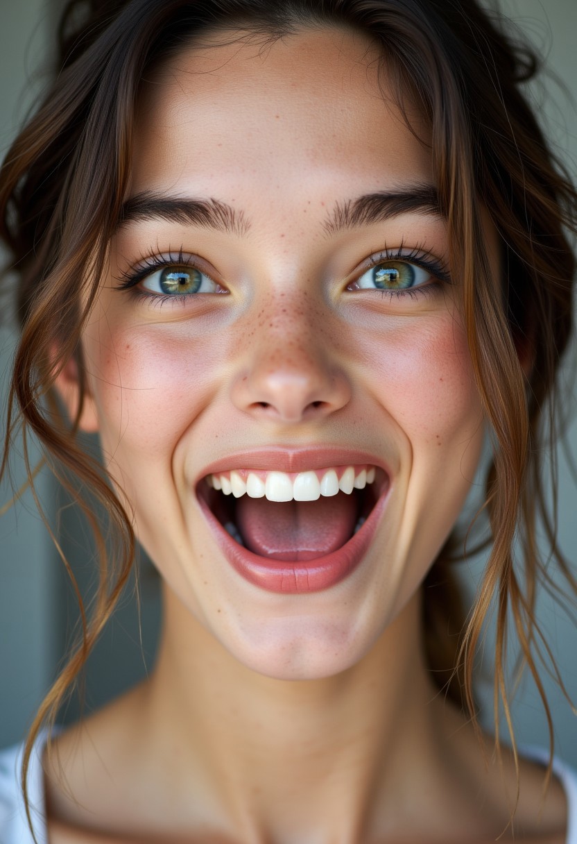 A stunning teenage Swiss girl with flawless model-like facial features, flawless light pale skin, youthful innocent charm, minimal makeup, and large captivating eyes. She is ecstatic and has a huge maniacal smile.  Her eyes are unnaturally large and colorful.