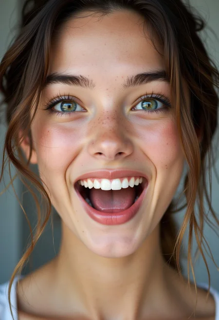 A stunning teenage Swiss girl with flawless model-like facial features, flawless light pale skin, youthful innocent charm, minimal makeup, and large captivating eyes. She is ecstatic and has a huge maniacal smile. Her eyes are unnaturally large and colorful.