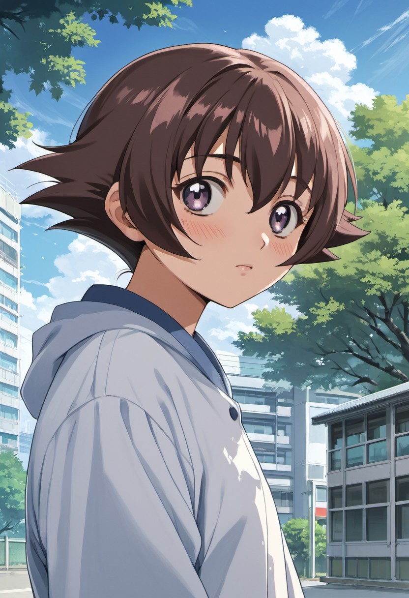 score_9, score_8_up, score_7_up, source_anime, shirahama honoka, brown hair, short hair, purple eyes, 1girl, solo, sky, day, tree, blush, building, outdoors, cloud