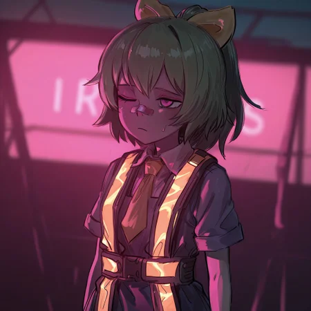 best quality, hires, thick outlines, sketch, thick outlines,
(cowboy shot:1.2),
portrait, bandaid on nose, blurry background, pink lighting, night, dark, pink theme,
1girl, solo,
one eye closed, half closed eye, 
white skin,
medium hair, green hair, high ponytail,
high-visibility vest, high-visibility clothing,
blue dress, (pinafore dress),
white shirt, short sleeves,
yellow necktie, yellow hair bow, 
petite,
