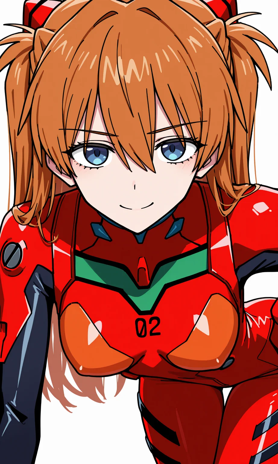 souryuu asuka langley, 1girl, solo, long hair, breasts, looking at viewer, smile, blue eyes, brown hair, hair between eyes, closed mouth, medium breasts, orange hair, two side up, bodysuit, leaning forward, arm support, red bodysuit,
rating safe, caststation illu,
masterpiece, best quality, amazing quality, highres, newest,  <lora:[illustrious]_caststation_illustration_v1_(MikuMasterRace):1.0>