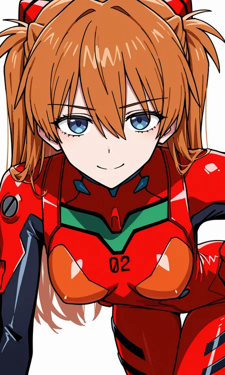 souryuu asuka langley, 1girl, solo, long hair, breasts, looking at viewer, smile, blue eyes, brown hair, hair between eyes, closed mouth, medium breasts, orange hair, two side up, bodysuit, leaning forward, arm support, red bodysuit,
rating safe, caststation illu,
masterpiece, best quality, amazing quality, highres, newest,  <lora:[illustrious]_caststation_illustration_v1_(MikuMasterRace):1.0>