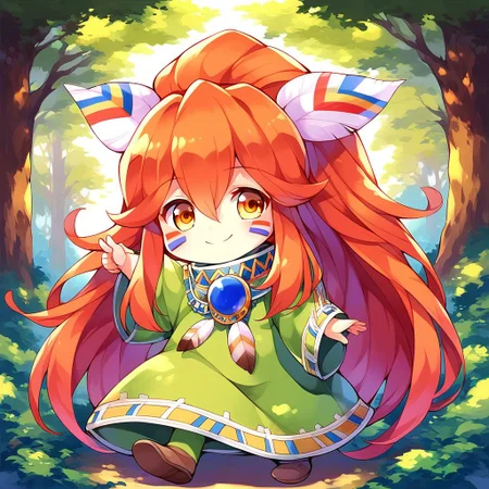 score_9, score_8_up, score_7_up, source_anime, rating_explicit, BREAK <lora:Popoi_XL:1>
Popoi, long hair, androgynous, feather hair ornament, hair ornament, feathers, red hair, facepaint, facial mark, orange hair, yellow eyes, very long hair, hair between eyes, chibi,
full body, solo, smile, ponytail, poncho, tunic,
forest, sky,