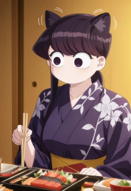 masterpiece, best quality, good quality, very aesthetic, absurdres, newest, Anime screenshot, 1girl, solo, 
<lora:Shouko_Komi_Komi_Cant_Communicate:1> komi shouko, no mouth, long hair, solo, black hair, black eyes, cat ears, ear wiggle,
<lora:heyashoku:0.8>, heyashoku, food, table, yukata, chopsticks,