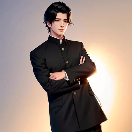 <lora:BIW:0.6>, FH, Masterpiece, best quality, sharp, contrast, realistic drawing, tall black haired man, short hair,

 <lora:Gakuran:0.75>, Gakuran, a man in a black gakuran and pants standing with his arms crossed , man wearing the gakuran, golden buttons