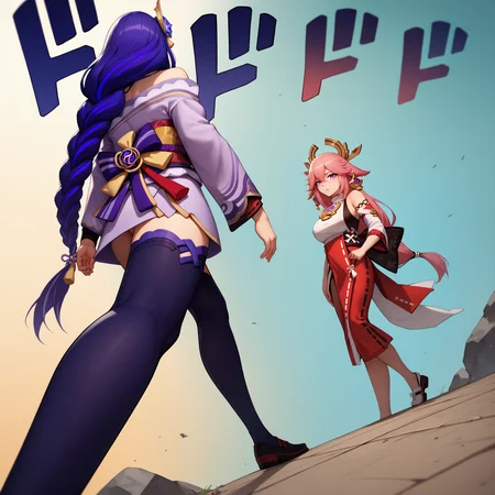 score_9, score_8_up, score_7_up, ApproachingMeMeme, dutch angle, walking, <lora:ApproachingMeMeme_pdxl_Incrs_v1:0.5>, 2girls,
BREAK raiden shogun, thighhighs, kimono,
BREAK yae miko,