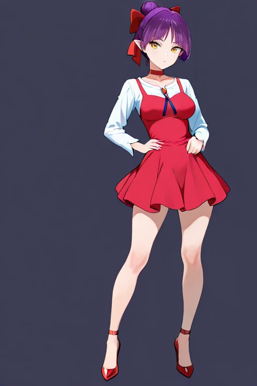 masterpiece, High quality, Ultra detailed, 2d, newest, absurdres, highres, BREAK
1girl, solo, <lora:nekomusume:0.8>, nekomusume, short hair, purple hair, single hair bun, hair bow, red bow, yellow eyes, pointy ears, red choker,
medium breasts, nekonedef, collarbone, long sleeves, white shirt, brooch, short dress, pinafore dress, red dress, high heels, red footwear,
full body, standing, hand on own Waist,