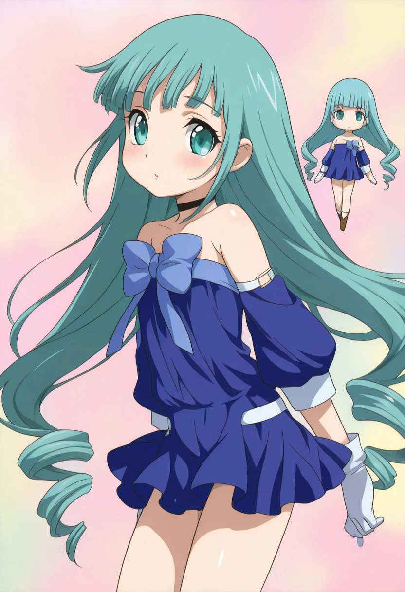 masterpiece, best quality, amazing quality, very aesthetic, high resolution, ultra-detailed, absurdres, 1girl, kg_lumiere, blue dress, short dress, black choker, bare shoulders, detached sleeves, white gloves, blue bow, breasts, aqua hair, blunt bangs, long hair, aqua eyes, chibi, cute, colorful, pastel,
