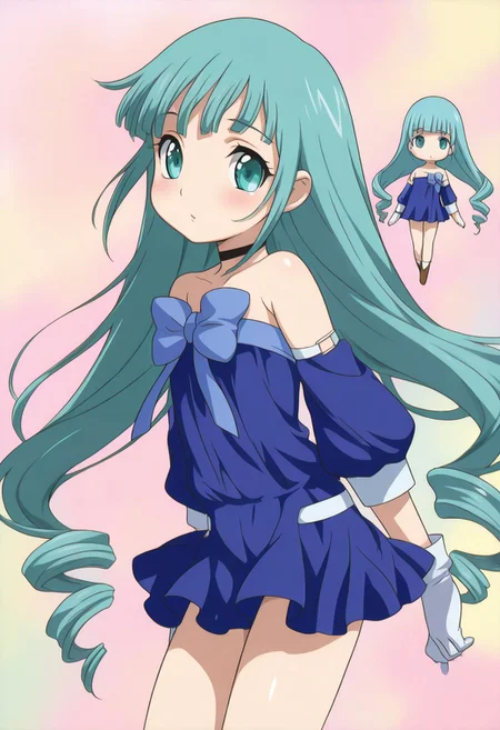 masterpiece, best quality, amazing quality, very aesthetic, high resolution, ultra-detailed, absurdres, 1girl, kg_lumiere, blue dress, short dress, black choker, bare shoulders, detached sleeves, white gloves, blue bow, breasts, aqua hair, blunt bangs, long hair, aqua eyes, chibi, cute, colorful, pastel,