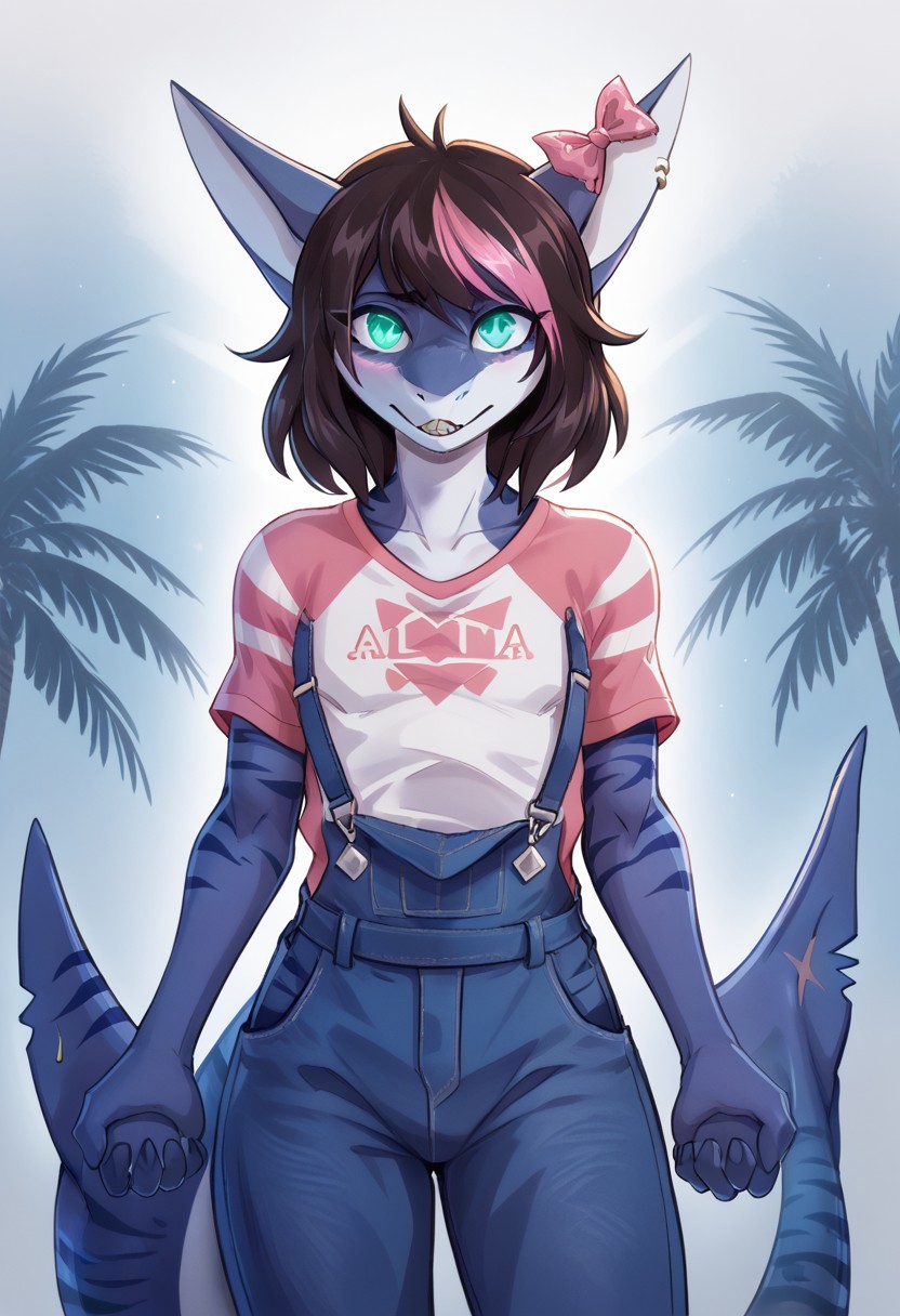 <lora:Scappo_Style_v2_PonyXL:0.8> by scappo, scappo,  score_9, score_8_up, score_7_up, moonlitepxl, femboy,solo, anthro shark,medium hair, multicolored hair, dark hair, pink hair,bow, stripes on body, turquoise eyes, BREAK, Portrait, pink T-shirt, blue overalls, holds hands in front of him, hands at chest level, palms open, blue light burning in palm, head slightly tilted, glowing eyes, dark atmosphere, background dark,
