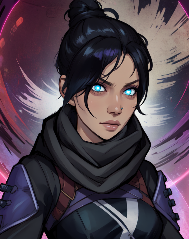 wraith,black hair, single hair bun,  looking at viewer,  blue eyes, 
scarf, nose piercing, white gloves, black shirt, long sleeves, 
standing,   upper body,  serious, 
portal \(object\),  
(insanely detailed, beautiful detailed face,beautiful detailed eyes, masterpiece, best quality),solo, <lora:wraith:0.8>