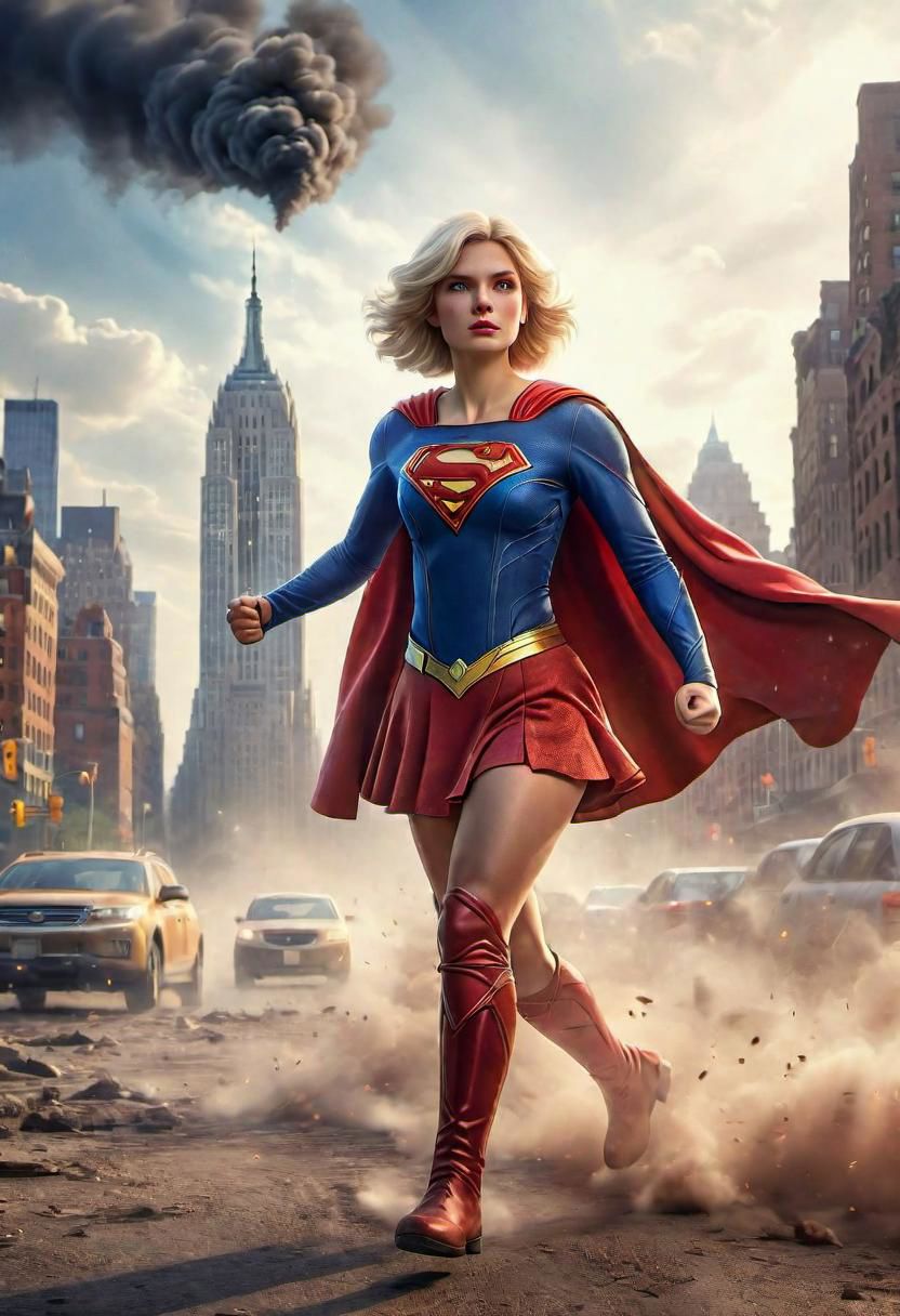 (masterpiece), 
blonde, wearing spcc costume with cape,
cute face,
fullbody,
HDR, highly detailed, 32k, amazing quality,
New York background, ultra detailed, , smoke, dust Particles,stylized by Hans Zatzk, vibrant Ray,