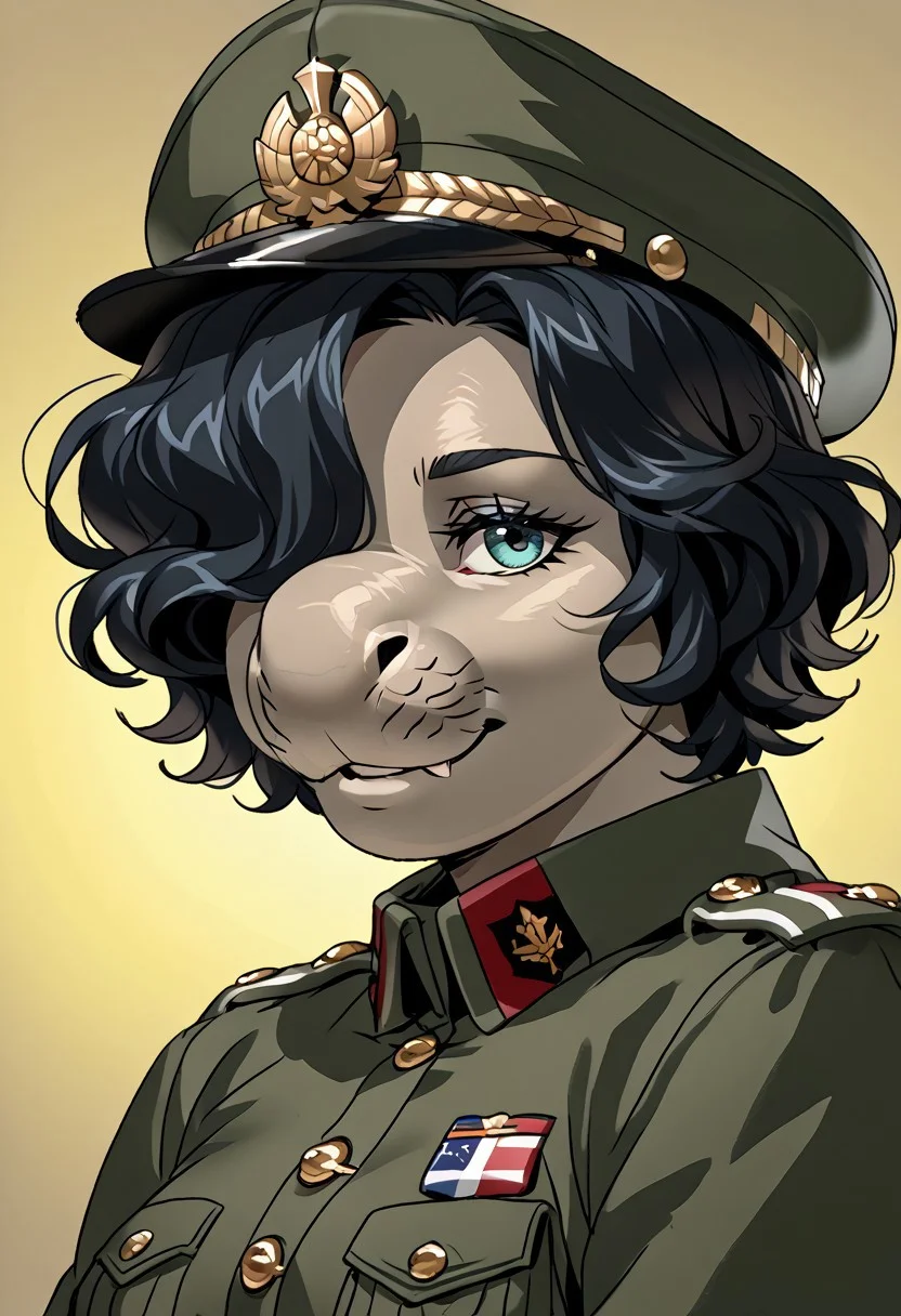 score_9, score_8_up, score_7_up, (by jailbird:1.5), (by kittydee:1.5), (by zummeng:1.5), masterpiece, best quality, (solo),
(Furry Art: anthro: elephant seal:1.5), expressive eyes, <lora:beautiful_detailed_eyes:1>, perfect face, seal, male, large proboscis nose, (black hair:1.5), (short hair), (one eye covered by hair), small breasts, (army general uniform:1.5), (army general hat:1), (army medals),