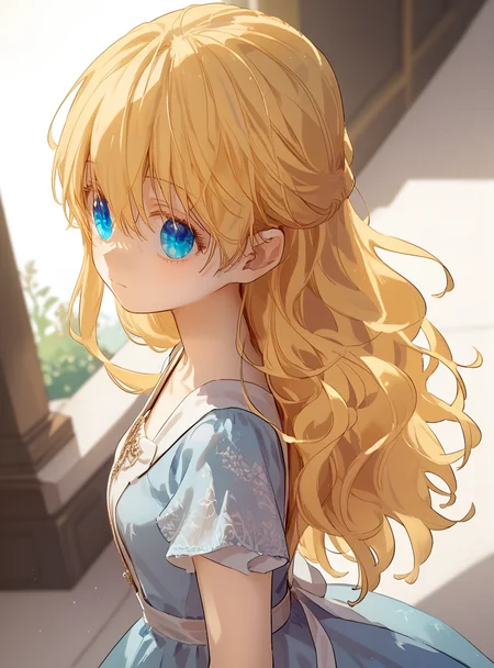 score_9_up, score_8_up, score_7_up, (Anime_source), 1girl, looking at viewer, from side, from above, <lora:Athanasia_-_Who_Made_Me_a_Princess_-_PONY-Kaleid:1> athanasia, 1girl, blue eyes, long hair, blonde hair, hair between eyes, bangs, small breasts, dress