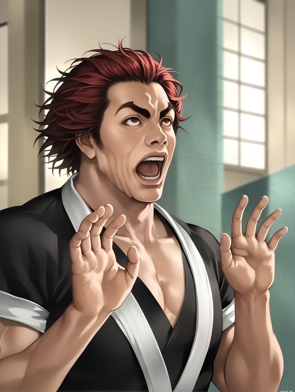score_9, score_8_up, score_7_up, score_6_up, uncensored,  source_anime, rating_safe,
BREAK,
solo,
 <lora:moriyoshi_face_omg:0.8>,moriyoshi_face_omg, open mouth, realistic,  photo, solo, upper body,  hands, looking up,
 <lora:Char-YujiroHanma-pony:1>,YujiroHanma, black shirt,muscular male, ,short sleeves,pupils, brown eyes,, red hair, manly, veins,