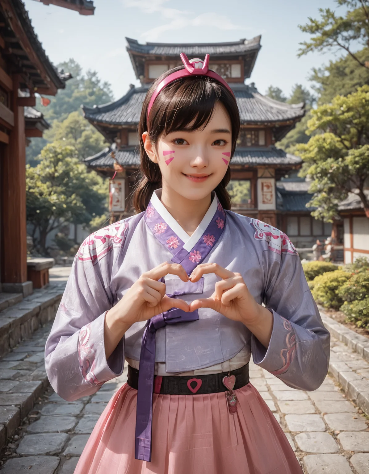score_9, score_8_up, score_7_up, score_6_up, score_9, score_8_up, score_7_up, score_6_up, cartoon, anime, 1girl, d.va, overwatch, smile, playful, heart hands, blue hanbok, purple ribbon, pink skirt, headband, face markings, outside, korean traditional architecture, asian palace, detailed background, very clear image, detailed face, detailed character design, ultra-high resolution, perfectly composed, clear, breathtaking attention to detail, highres, ultra detail, 8k wallpaper,