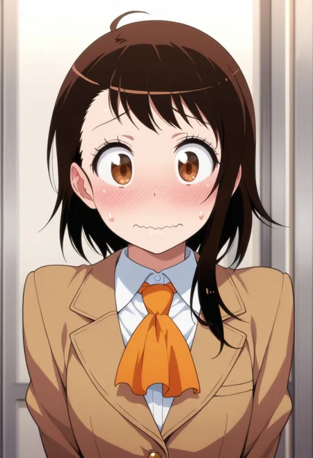 masterpiece,best quality,amazing quality, onodera kosaki, dark brown hair, brown eyes, short hair, 1girl, solo, school uniform, blush, wavy mouth, jacket, sweatdrop, looking at viewer, upper body, ascot, shirt