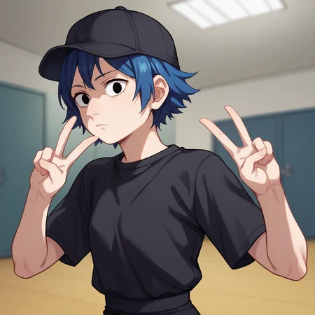 score_9_up, score_8_up, BREAK, Aquiline Nose, 1girl, solo, blue hair, short hair, black eyes, baseball cap, black shirt, black skirt, indoors, depth of field,  <lora:AquilineNose_PXL_Leaf1:1>, front, double v,