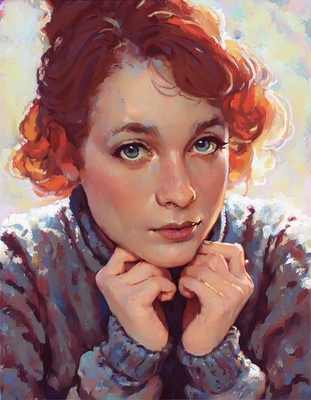 score_9, score_8_up, score_7_up, score_6_up, score_5_up, score_4_up, painting by norman rockwell style BREAK 1girl, solo, sitting on chair at kitchen table, shoulder-length hair, updo, long sleeve sweater, hands on chin, close up, detailed, looking at viewer