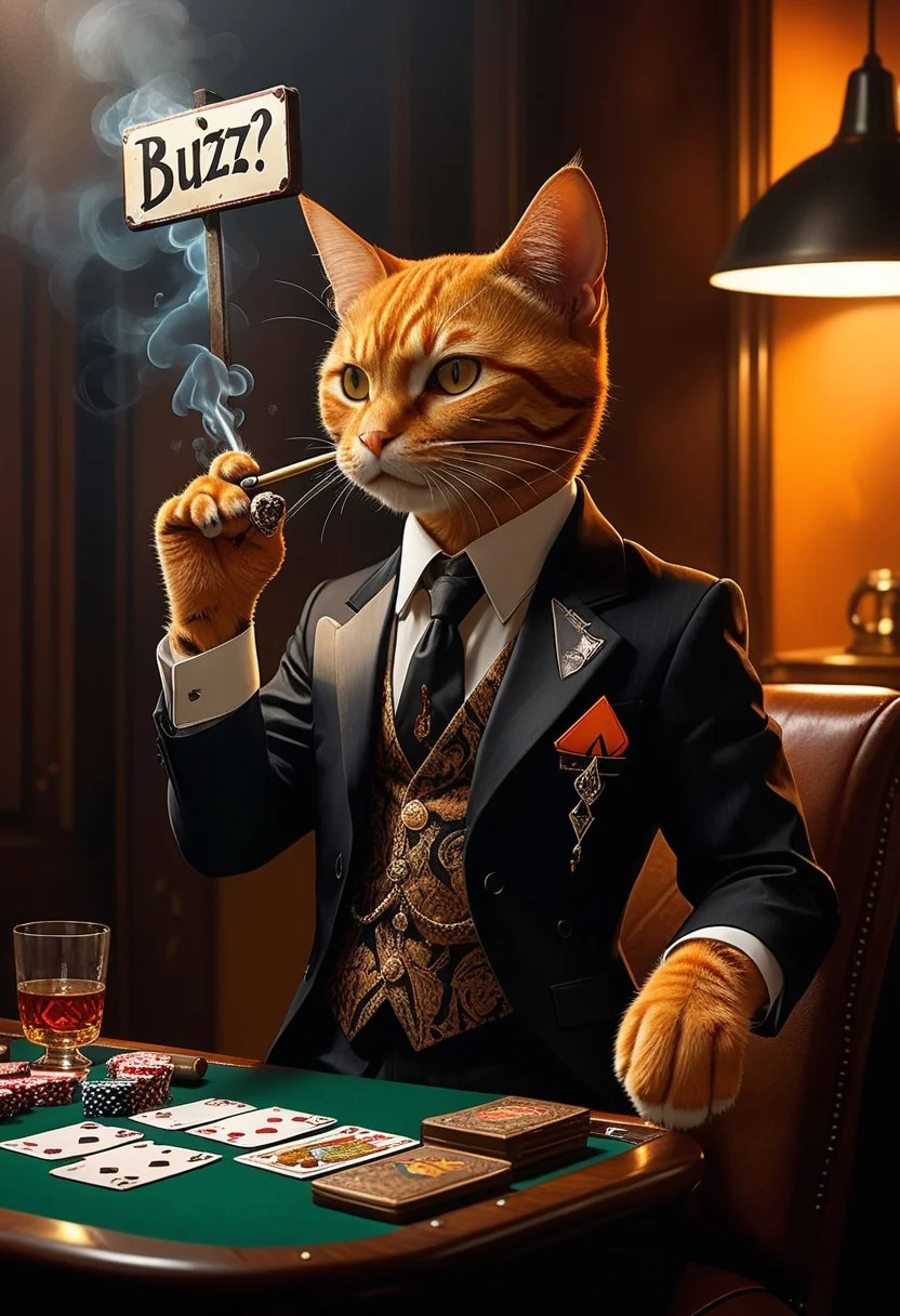 Photo of an orange tabby cat playing poker, smoking a large cigar, wearing a 1920s suit, holding a hand of cards with a cartoon lightning bolt on the back, with a metal sign in front of him that reads text:"BUZZ?", atmospheric, dark, alcohol inks, night, rich colours, subtle colours, reflections, glistening, moonlight, backlit, rim lighting, backstage lighting, low-key
