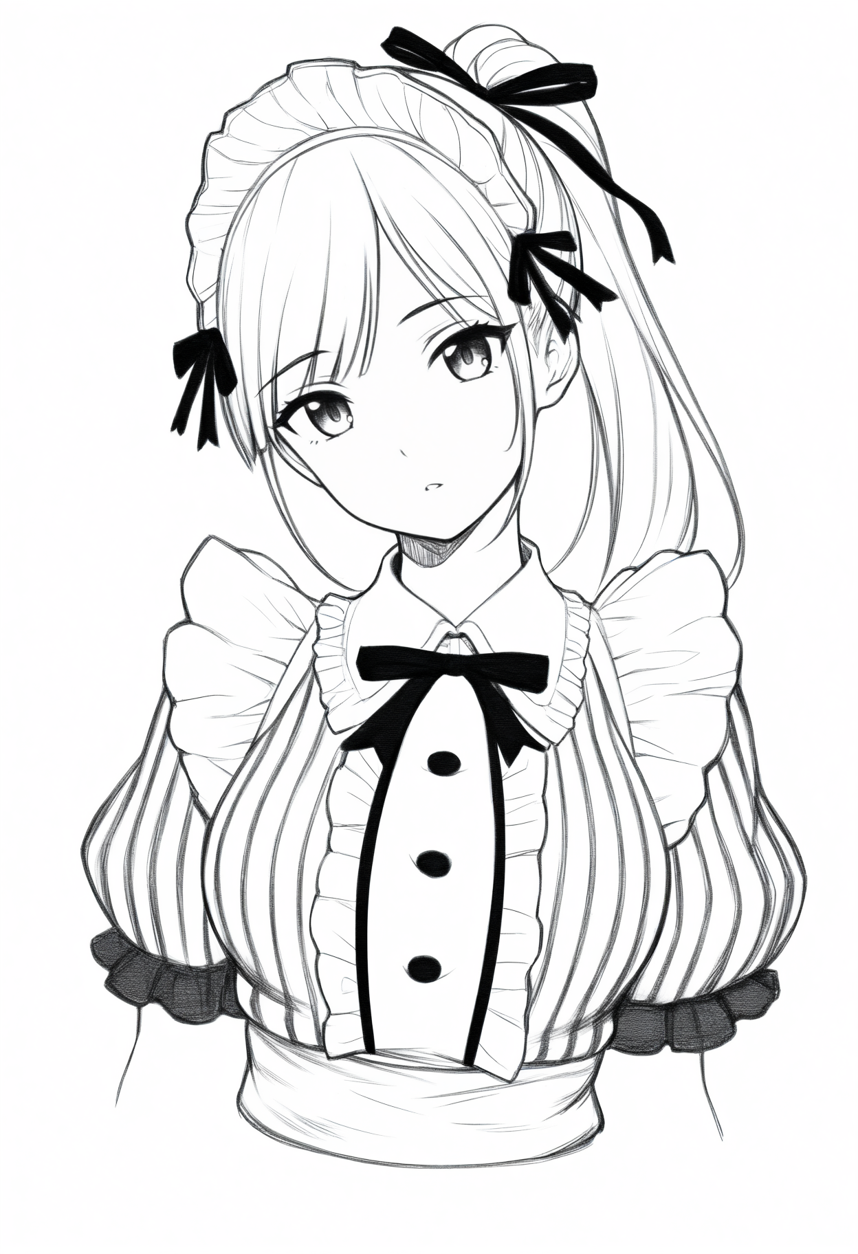 masterpiece, best quality, 1girl, solo, TsurAm, long hair, ponytail, hair ribbon, maid headdress, black ribbon, striped dress, center frills, puffy short sleeves, white apron, simple background, cropped torso, parted lips, head tilt, looking at viewer, greyscale, monochrome, lineart, sketch, graphite \(medium\), traditional media, <lora:ChamTsurugaAmiNoob:1>