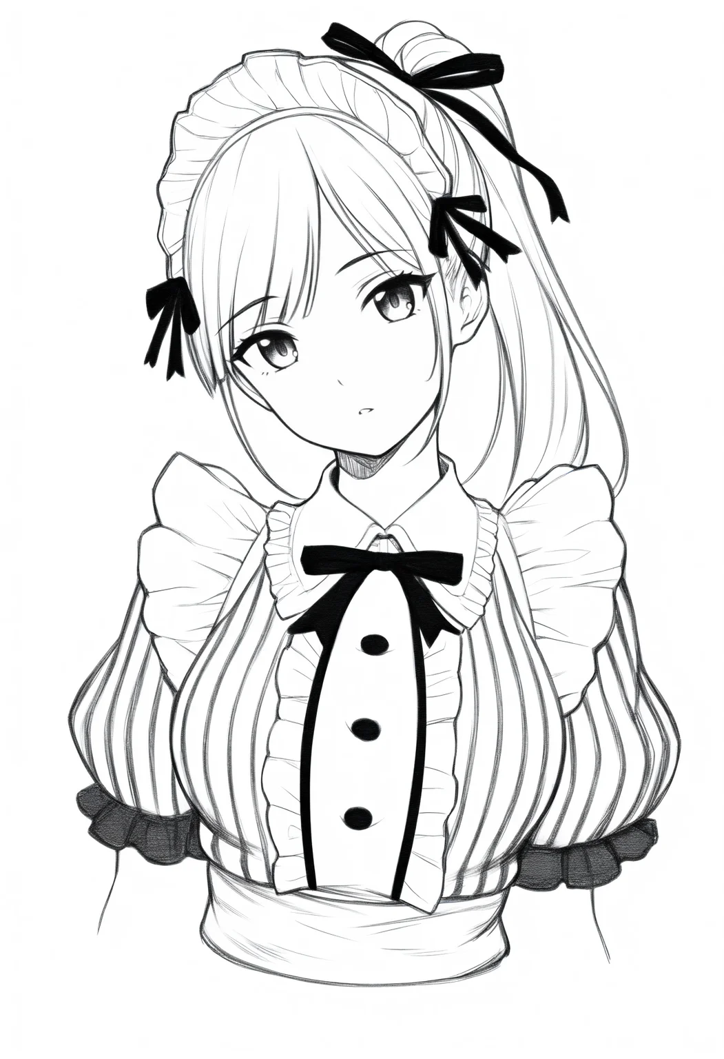 masterpiece, best quality, 1girl, solo, TsurAm, long hair, ponytail, hair ribbon, maid headdress, black ribbon, striped dress, center frills, puffy short sleeves, white apron, simple background, cropped torso, parted lips, head tilt, looking at viewer, greyscale, monochrome, lineart, sketch, graphite \(medium\), traditional media, <lora:ChamTsurugaAmiNoob:1>