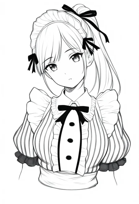 masterpiece, best quality, 1girl, solo, TsurAm, long hair, ponytail, hair ribbon, maid headdress, black ribbon, striped dress, center frills, puffy short sleeves, white apron, simple background, cropped torso, parted lips, head tilt, looking at viewer, greyscale, monochrome, lineart, sketch, graphite \(medium\), traditional media, <lora:ChamTsurugaAmiNoob:1>
