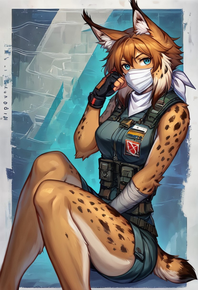 Score 9, Score_8_up, Score_7_up, ng_deepnegative_v1_75t, negative_hand, charturnerv2, knee-deep portrait of adult female,  banners, starship, high technology, shirt, fingerless gloves, soldier uniform,, , anime, Arknight provens, detailed background, cyberpunk, bandana, facemask, furry,  lynx species,  lynx tail, lynx ears