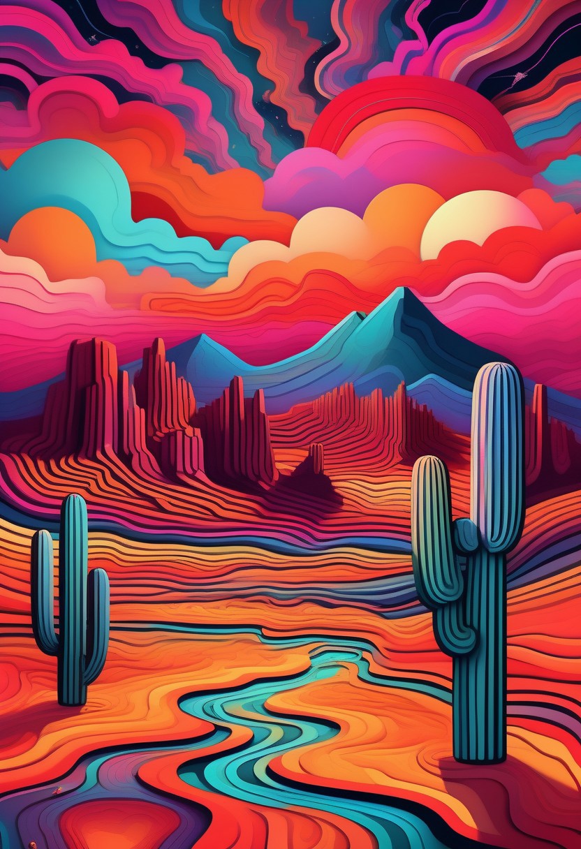 Rolling desert landscapes of the American Southwest in a vibrant psychedelic style, with bold, surreal colors separated by sharp black lines, creating a stained-glass effect. Towering red rock formations and mesas in the distance, stylized with vivid hues of orange, pink, and turquoise. Sparse desert vegetation like cacti and sagebrush rendered in exaggerated, kaleidoscopic patterns. A small pueblo-style village nestled in the valley, its adobe structures glowing with warm, earthy tones. The sun setting in a fragmented, geometric sky, casting a dreamlike glow over the scene. Highly detailed, surreal composition, inspired by psychedelic art and Southwestern aesthetics, 8K resolution, vivid and trippy yet harmonious color palette, a mesmerizing and otherworldly mood.
linquivera