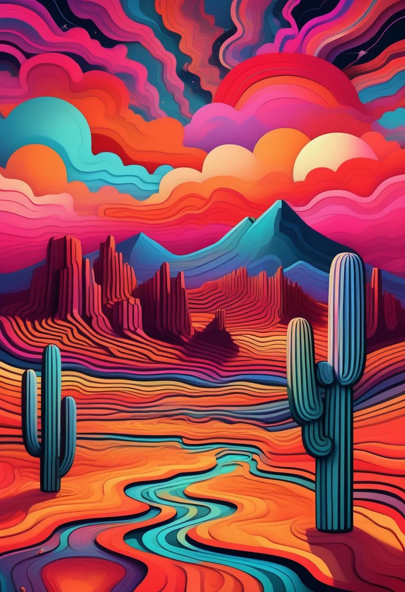 Rolling desert landscapes of the American Southwest in a vibrant psychedelic style, with bold, surreal colors separated by sharp black lines, creating a stained-glass effect. Towering red rock formations and mesas in the distance, stylized with vivid hues of orange, pink, and turquoise. Sparse desert vegetation like cacti and sagebrush rendered in exaggerated, kaleidoscopic patterns. A small pueblo-style village nestled in the valley, its adobe structures glowing with warm, earthy tones. The sun setting in a fragmented, geometric sky, casting a dreamlike glow over the scene. Highly detailed, surreal composition, inspired by psychedelic art and Southwestern aesthetics, 8K resolution, vivid and trippy yet harmonious color palette, a mesmerizing and otherworldly mood.
linquivera