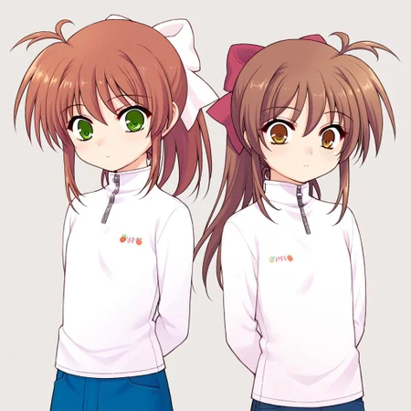 <lora:artemina test:0.8> 2girl, score_9, nanakura arisa, ponytail, hair bow, white bow, white shirt, turtleneck, zipper, denim skirt,Brown Hair, Green Eyes
BREAK,
kuroarisa, ponytail, hair bow, kuriarisa is red bow, white shirt, turtleneck, zipper, denim skirt, kuroarisa is brown hair, kuroarisa is brown eyes,
