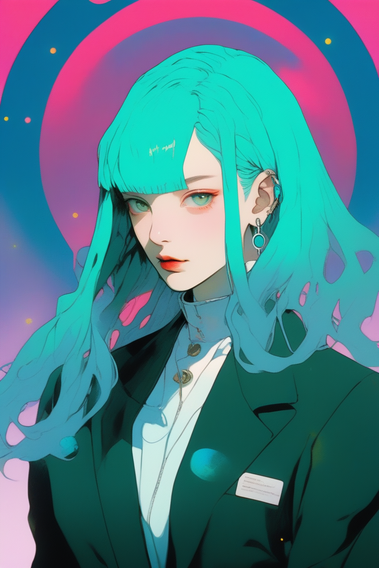oil color,(1girl ),,lip, Blazer,Circlet, contrasting colors gradient background, Teal hair,Box cut hair, Alien ,, (masterpiece,best quality,niji style)