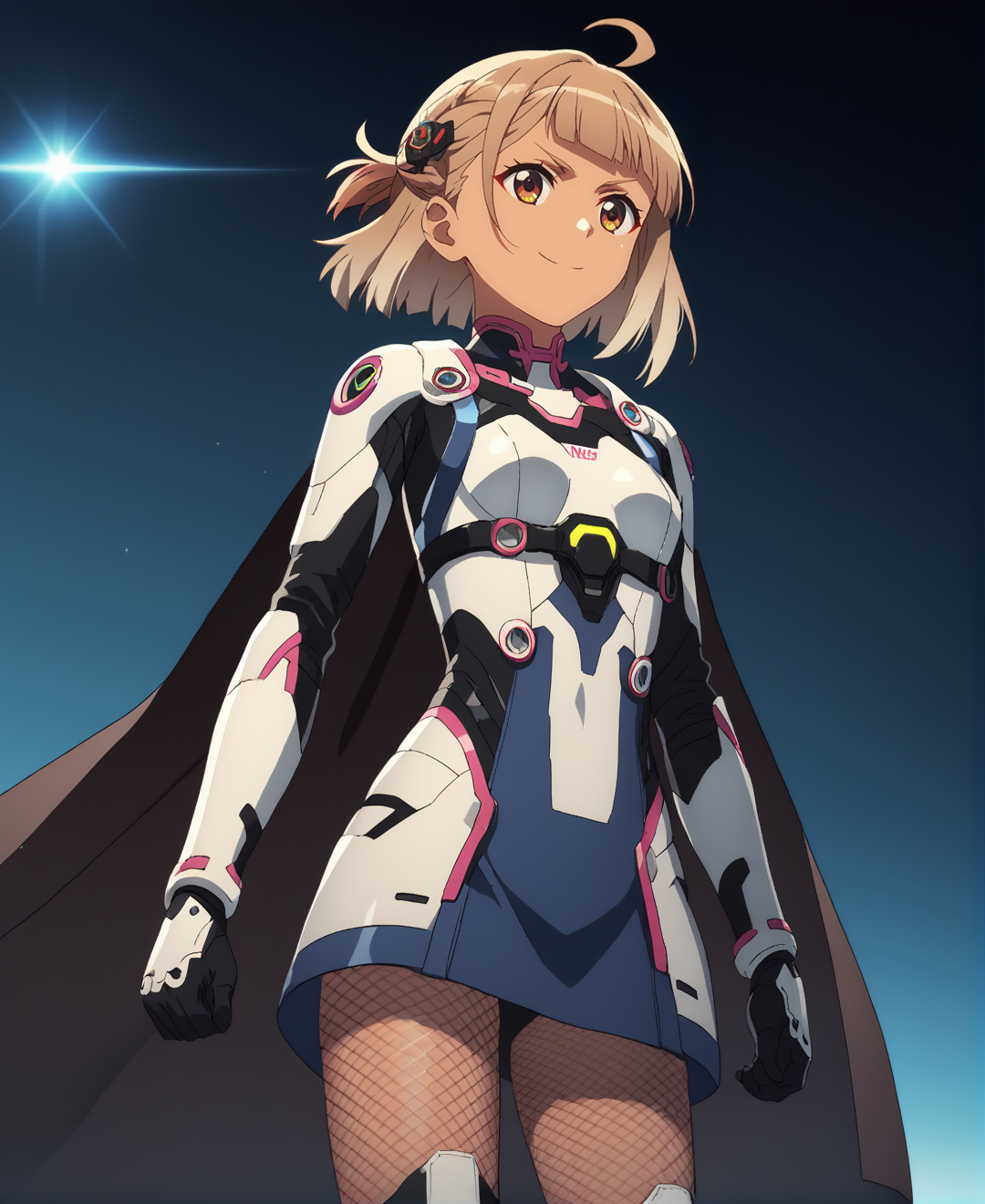 score_9,score_8_up,score_7_up,score_6_up,source anime BREAK, anime screencap,
1girl,solo,spacesuit,bodysuit,armor,shoulder_armor,dark background,science fiction,small breasts,medium breasts,futuristic,cyberpunk,space,gloves,mechanical parts,dress,cape,light brown hair,medium hair,french braid,blunt bangs,ahoge,hair pin,brown eyes,gradient hair,tan,smirk,(fishnet pantyhose:1.1),(thick eyebrows:0.4),thighs,dynamic angle,dynamic pose,standing,thighhighs
 <lora:Anime Screencap_epoch_10:1.2>