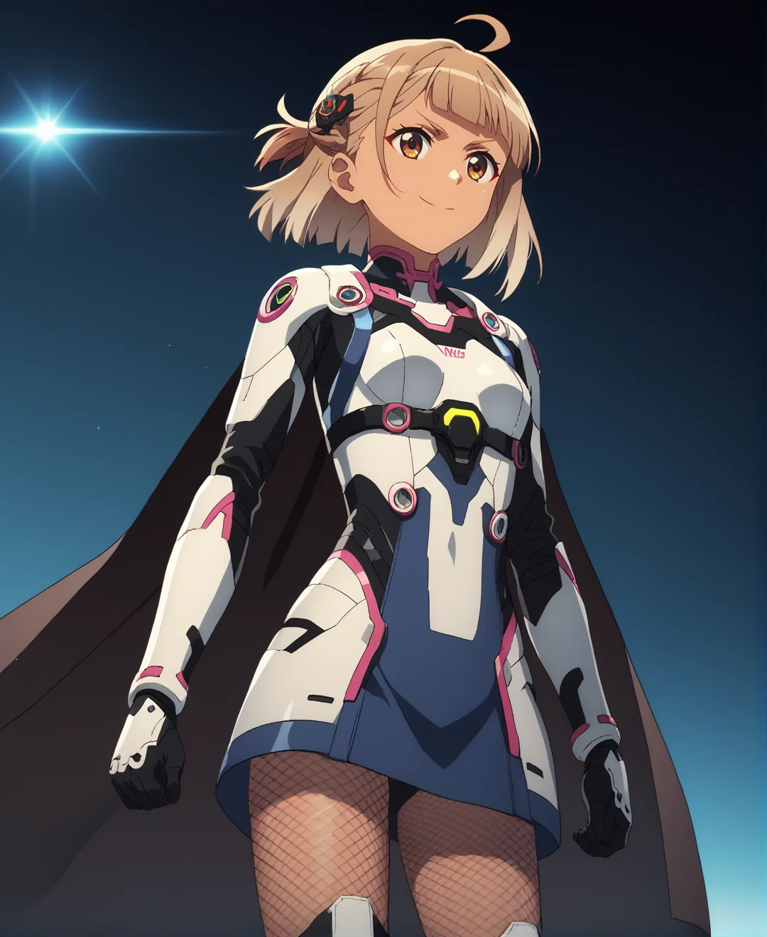score_9,score_8_up,score_7_up,score_6_up,source anime BREAK, anime screencap,
1girl,solo,spacesuit,bodysuit,armor,shoulder_armor,dark background,science fiction,small breasts,medium breasts,futuristic,cyberpunk,space,gloves,mechanical parts,dress,cape,light brown hair,medium hair,french braid,blunt bangs,ahoge,hair pin,brown eyes,gradient hair,tan,smirk,(fishnet pantyhose:1.1),(thick eyebrows:0.4),thighs,dynamic angle,dynamic pose,standing,thighhighs
 <lora:Anime Screencap_epoch_10:1.2>