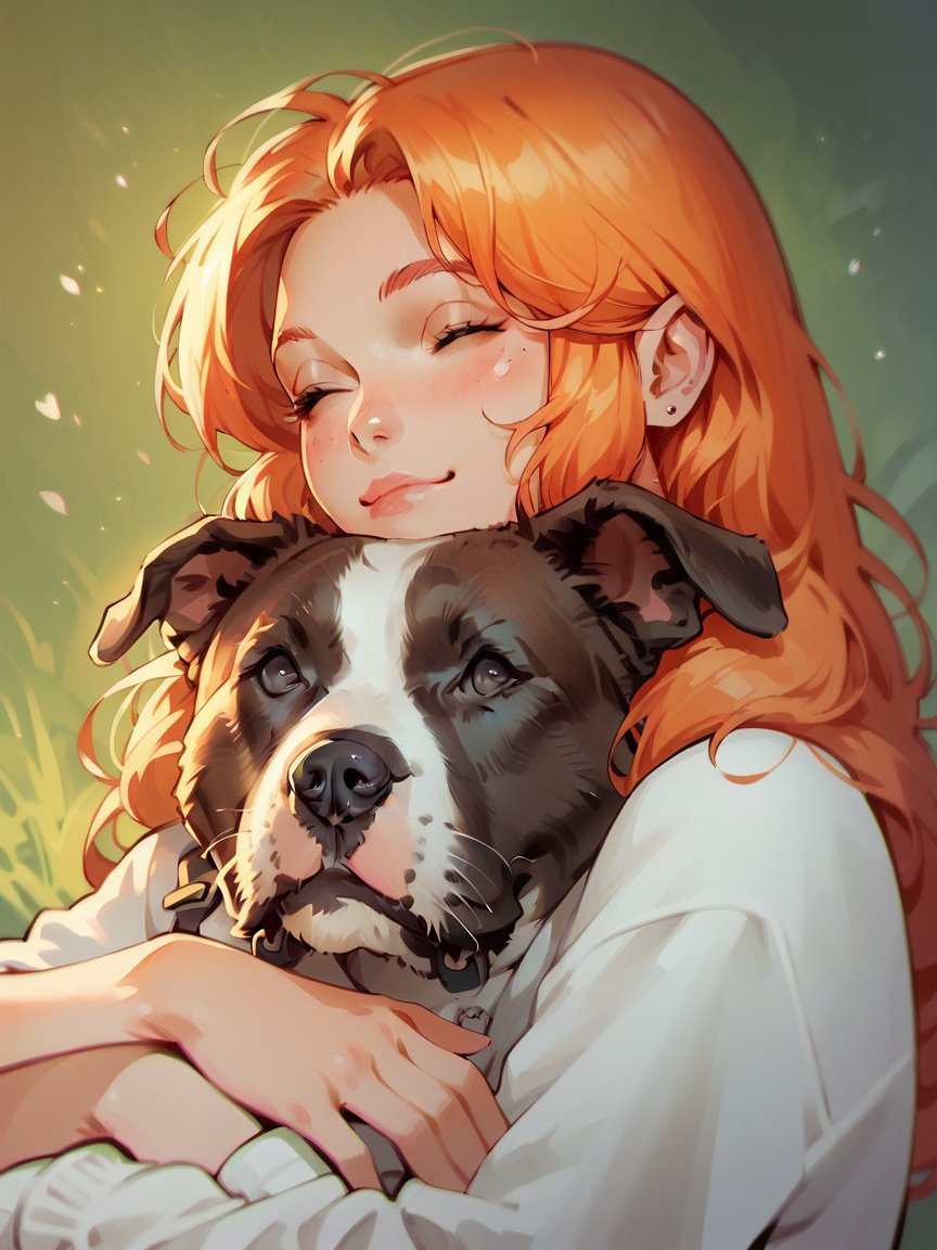 score_9, score_8_up, score_7_up, score_6_up,  <lora:p3tl0v3XLP:1> p3tl0v3, 1girl, hugging black|white dog, long hair, ginger, <lora:1ly4XLP:1> 1ly4,