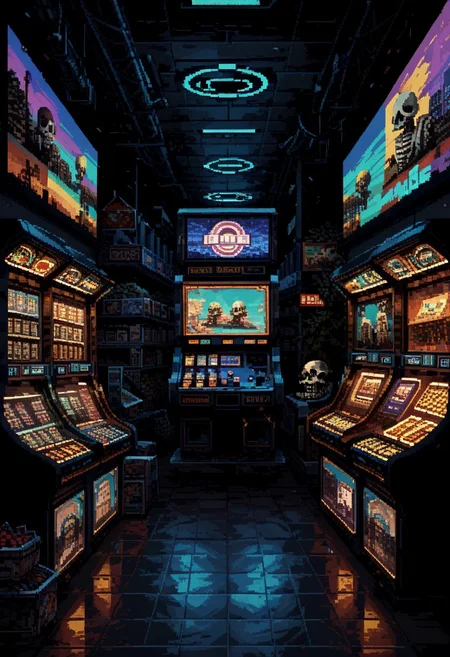 score_9, score_8_up, score_7_up, yamer_pixel_fusion, pixel art, skeleton in a cowboy hat, storefront, mall, 1989s, retrowave, hyper-detailed, neon, arcade, lofi, d3p1x3l, pixel art