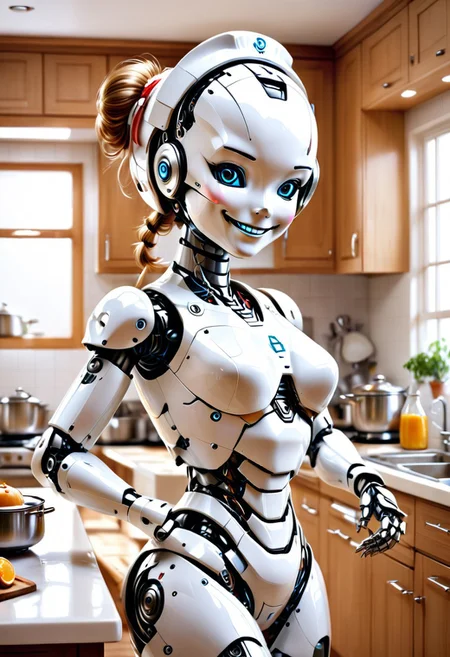 robot maid nurse cooking cleaning looking after the family, feminine, hybrid, (skin, torso, attractive, navel), lewd, pleasure bot, kitchen, looking at viewer, offering services, how about it, creepy robot smile