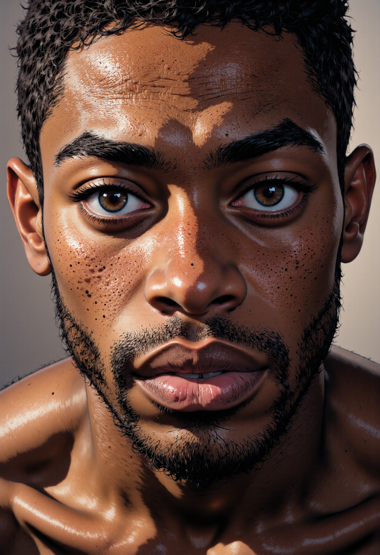MysticComic, A close-up portrait of a young African American man, his face illuminated by a soft, diffused light that accentuates the fine lines and texture of his skin. The subject's eyes, a deep brown, seem to bore into the viewer, their expression a mix of introspection and quiet confidence. The camera angle is direct, with the lens positioned mere inches from the subject's face, creating a sense of intimacy and immediacy.  The man's skin, a warm, dark brown, is smooth and unblemished, with a subtle sheen that suggests a recent application of moisturizer. His hair, closely cropped, is a dark brown that blends seamlessly with his skin tone. A faint scattering of stubble covers his jawline, adding a hint of ruggedness to his otherwise smooth features.  The lighting is soft and even, with a slight warmth that suggests a golden hour or a softbox. The shadows are minimal, allowing the subject's features to take center stage. The style of the image is classic, with a focus on capturing the subtleties of the subject's expression and skin texture. The camera, a high-end digital model, has captured every nuance of the subject's face, from the faint creases around his eyes to the gentle curve of his lips.<lora:CustomFlux/MysticComic-v2.safetensors:1.0:1.0>