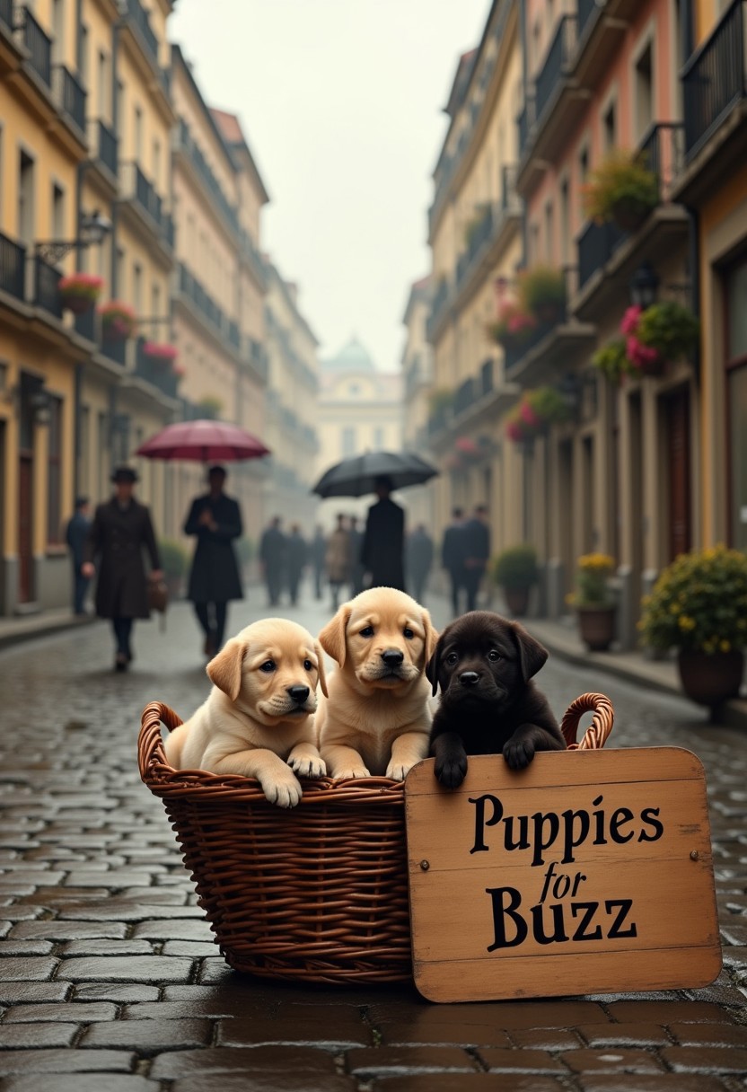 detailmaximizer, 
Create a nostalgic outdoor scene set in a European city during the early morning of the 1950s, with a mild drizzle adding a gentle ambiance. In the foreground, place a large wicker basket overflowing with cute Labrador puppies of various colors—golden, chocolate, and black—all looking playful and endearing. Beside the basket, propped up against it, is a rustic wooden board with the words 'Puppies for Buzz' handwritten in elegant, vintage-style lettering.
The setting is a cobblestone street lined with classic European architecture from the 1950s: buildings with ornate facades, wrought-iron balconies, and flower boxes under the windows. The street is wet from the drizzle, creating subtle reflections of the buildings and soft early morning light. A few pedestrians in period-appropriate clothing and holding umbrellas walk in the background, adding life to the scene without drawing focus away from the puppies. The sky is overcast, but the gentle light diffuses softly across the scene.
The overall atmosphere should evoke a sense of warmth and nostalgia, capturing the charm of a European city in the 1950s and the heartwarming sight of the adorable puppies waiting in their basket.